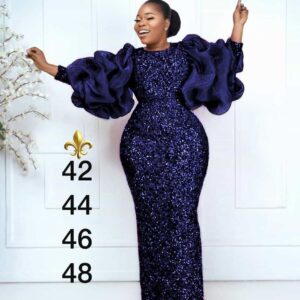 Long sleeve puffy hand dark blue party gown with bling bling