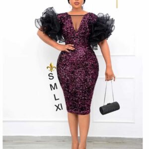 Short sleeves sequined bling bing purple black party gown